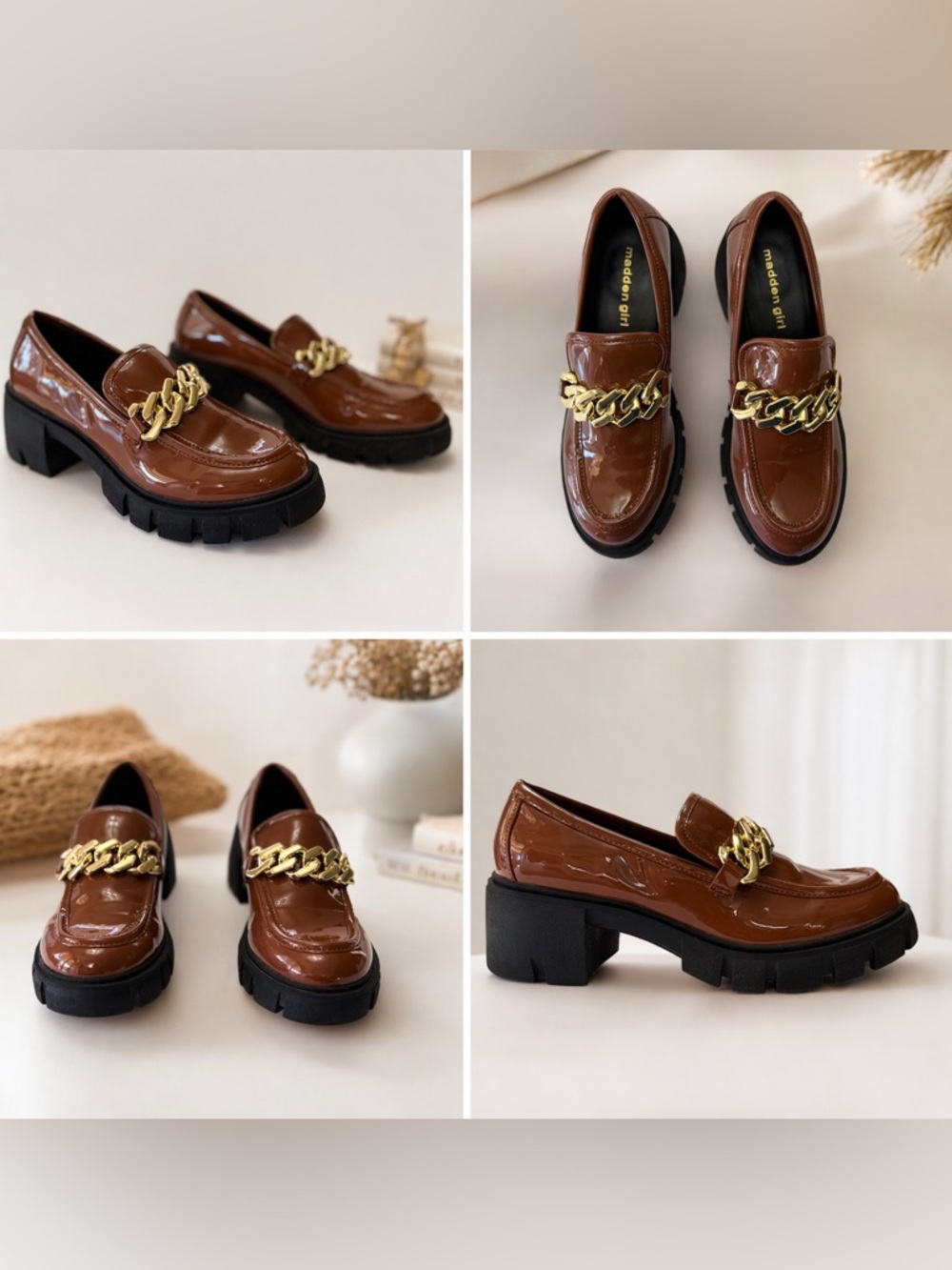 Madden Girl Brown Patent Leather Chunky Loafers Gold Chain Detail Women’s Shoes